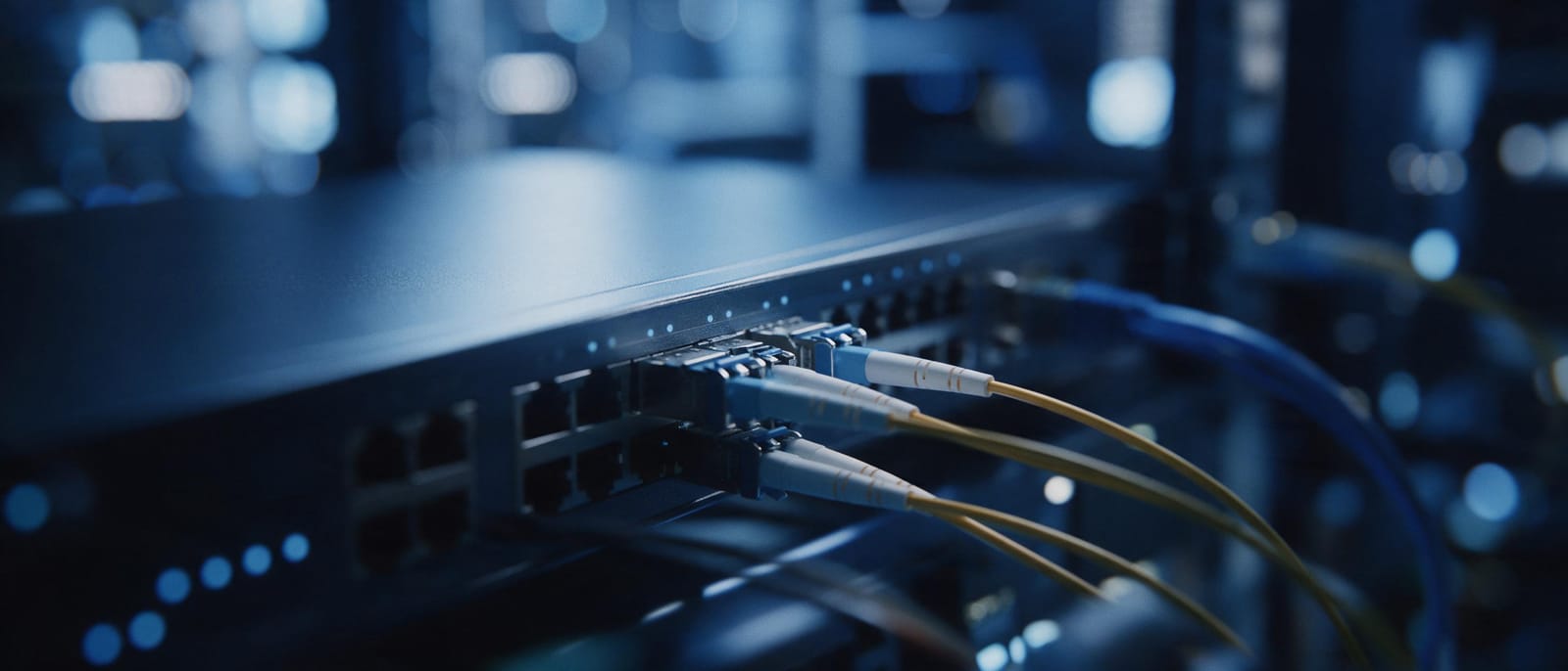Detalle de fibra óptica y conmutador en un centro de datos