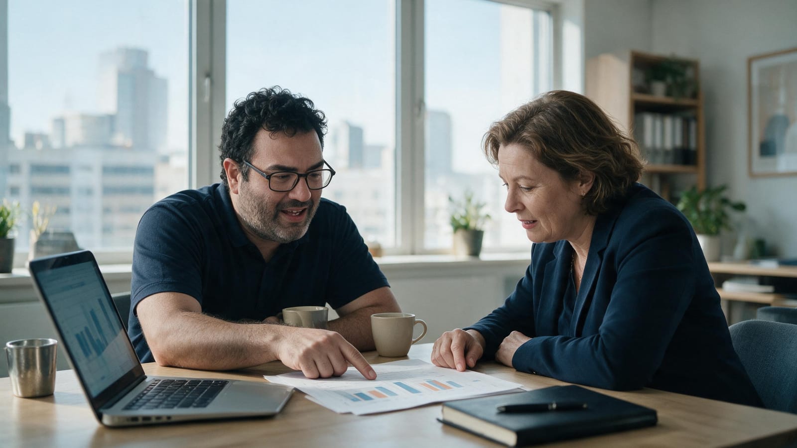 Dos personas revisando un informe impreso junto a un portátil con gráficas