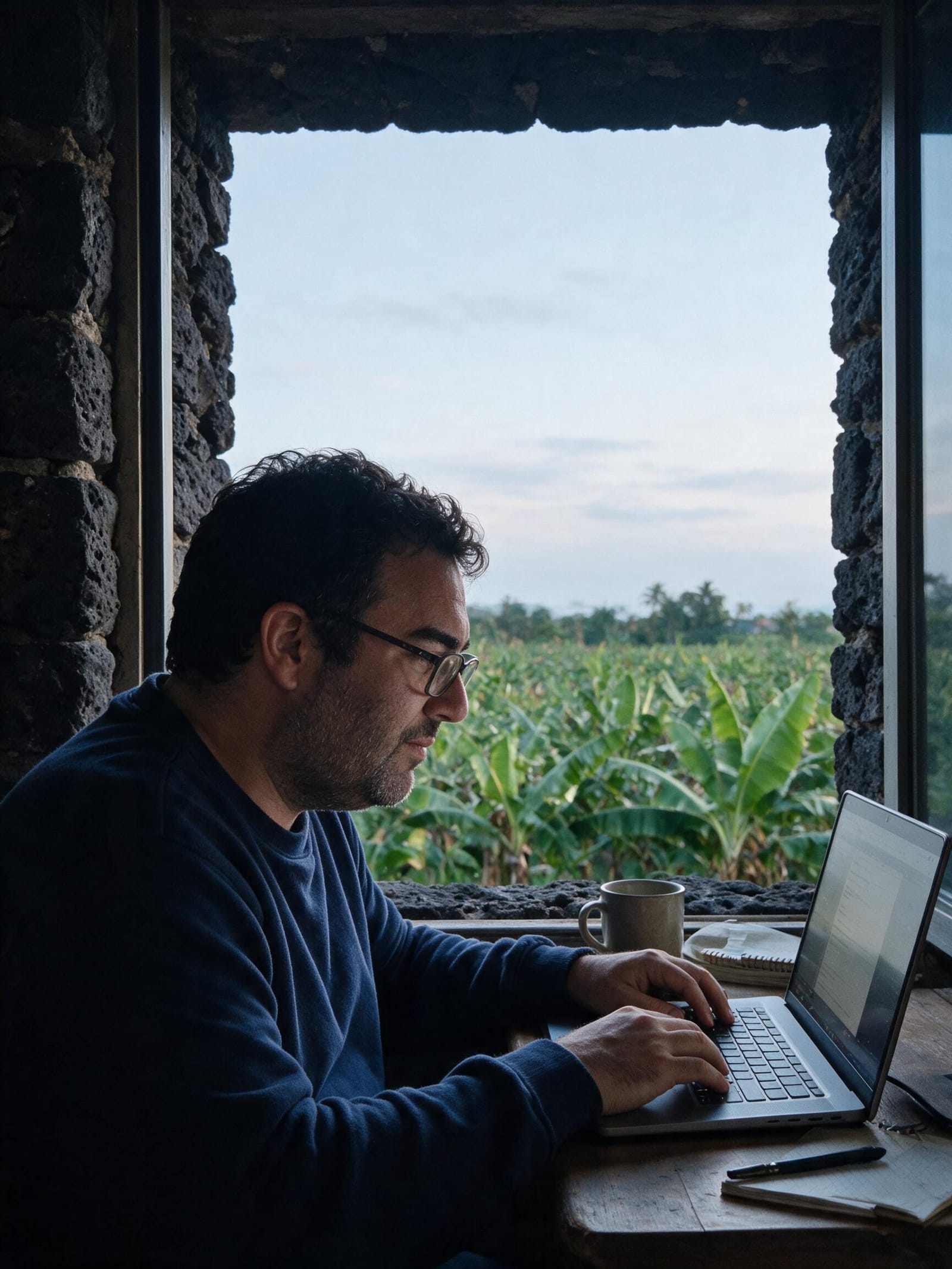 Persona trabajando con un portátil frente a una ventana de piedra volcánica con plataneras