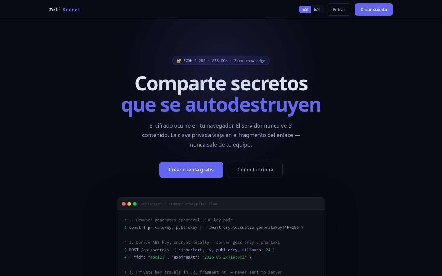 Captura de la web de ZetiSecret