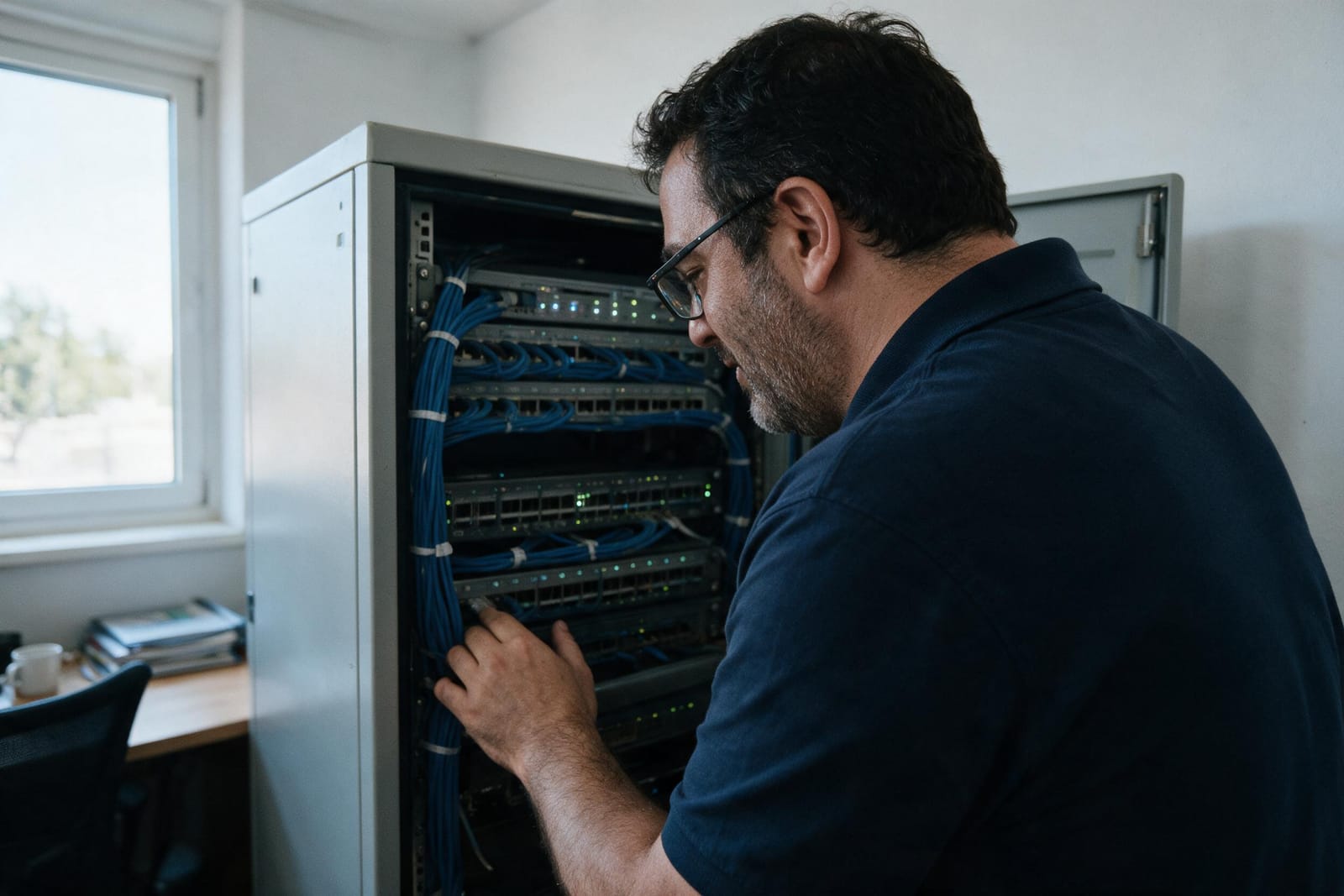 Técnico revisando un armario de red ordenado en la oficina de una pyme